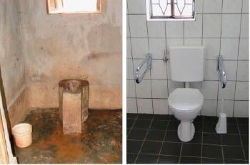 Toilettenraum im Waisen- und Behindertenheim Zachäus in Burundi vor und nach der Sanierung. - © Foto: Keuco

