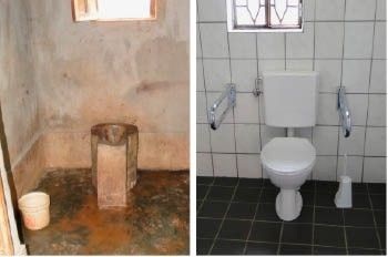 Toilettenraum im Waisen- und Behindertenheim Zachäus in Burundi vor und nach der Sanierung.