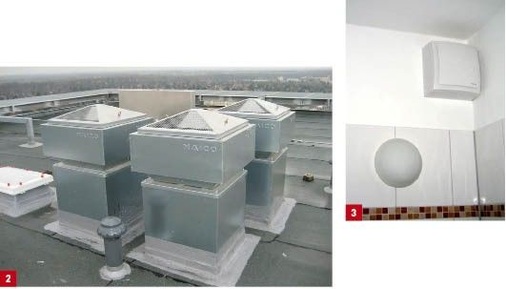 2 Die Dachventilatoren GRD wurden als zentrale Elemente auf dem Dach des Hochhauses am Graetschelsteig platziert.<br />3 Die Abluftelemente Centro-E-ABP saugen Feuchtigkeit und Gerüche schnell ab.