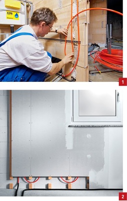 1 Das Flächentemperiersystem Fonterra Side Clip lässt sich so einfach installieren wie die bekannten Ausführungen des Systems für den Boden.2 Das Trockenbausystem Fonterra Side 12 basiert auf ­vorkonfektionierten Gipsfaserplatten mit integrierten Heizschlangen, die mit Pressverbindern zu verbinden sind.