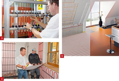 3 Der kombinierte Anschluss der Heizkreise in Boden und Wand erfolgt zusammen an einem Heizkreisverteiler, der hier beispielsweise in eine Vorwandkonstruktion integriert wird.4 Die Auslegung erfolgt bei der Flächentemperierung an der Wand wie gewohnt. Nur Aussparungen wie Fensteröffnungen sind zu berücksichtigen.5 Auch unterm Dach gibt es oft kleine Räume mit hohem Wärmebedarf. In dieser Mansarde kann die Dachschräge ebenfalls zur Raumtemperierung herangezogen werden.