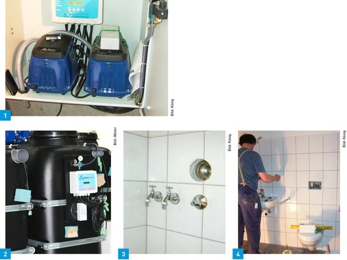 1 Belüfter/Gebläse für die Grauwasseranlage.2 Behälter der Grauwasseranlage, für die Kirche im unterirdischen Technikraum, für das Mehrfamilienhaus im Keller des Neubaus untergebracht.3 Doppelter Wasserhahn im Bad. Die Mieter haben die Wahl, ob sie gebührenpflichtiges Trinkwasser oder kostenloses Grauwasser für die Waschmaschine nutzen.4 Einbau der Toiletten, die in allen 23 Wohnungen mit Betriebs­wasser aus einer zentralen Grauwasseranlage gespült werden.