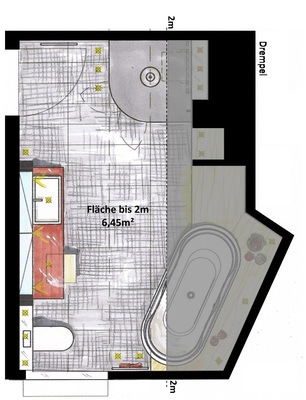 3 Gleicher Grundriss: Die Fläche mit weniger als 2 m Stehhöhe ist grau angelegt. Nun zeigt sich deutlich die tatsächliche Nutzfläche.