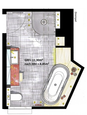 2 Die übliche Darstellung eines Grundrisses mit gestrichelter Zwei-Meter-Linie vermittelt einen großzügigen Raum.