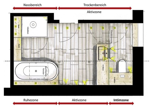 6 Das gleiche Bad: Lediglich der Waschtisch wurde anders positioniert. Durch die 90°-Drehung in den Raum wird eine optimale Gliederung der Laufwege erreicht. Dank einer Glasabtrennung ist das WC nun separiert. - © Stammer
