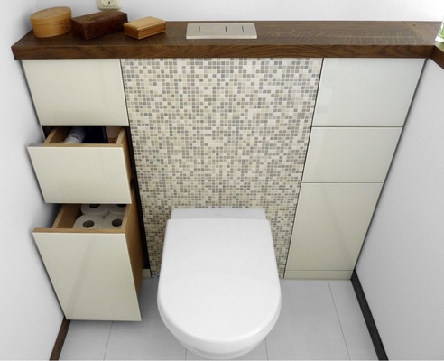 8 Der sonst ungenutzte Raum in der WC-Vorwand wird zum Stauraum für Toilettenpapier und Hygieneartikel.