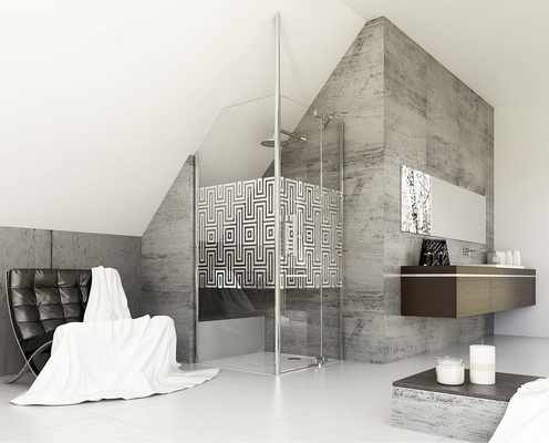 Wenn die Dachschräge relativ tief ausläuft, sollte der Duschbereich mit der Duschwanne nach vorne verlagert werden, um eine ausreichende Standhöhe sicherzustellen. Die Fläche unter der Schräge kann man nutzen, um beispielsweise eine Sitzmöglichkeit oder eine Ablage zu mauern.