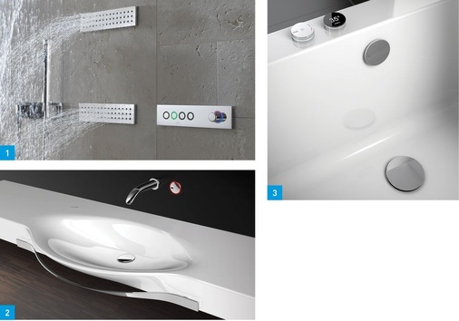 1 Ambiance Tuning Technique von Dornbracht: Die Lichtaura um die Tasten des Bedienpanels eTool zeigen die unterschiedlichen Einstellungen an. Eine grüne Lichtaura zeigt, dass die der Taste zugeordnete Auslassstelle in Funktion ist. 2 Die Elektronikvariante der Armatur Curve Open von Laufen soll mit nur einem Finger intuitiv gesteuert werden können.3 Automatische Wannenbefüllung: TRIOe+ von Viega ist ein System und besteht aus der Bedieneinheit, dem Überlauf und dem Wannenzu- und -ablauf.