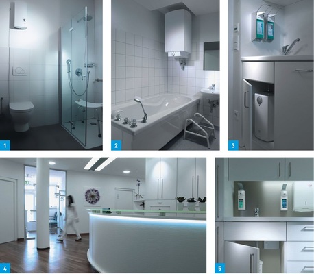 1 Jeweils ein elektronischer AEG Durchlauferhitzer „DDLE Easy“ mit zwei Fest­temperaturen (42°C und 55°C) versorgt die Patientenduschen in der Klinik mit warmem Wasser.2 Der AEG Wandspeicher „DEM 80 ­Comfort“ wird in der Praxis für Dermatologie und ­Allergologie für Spezialanwendungen eingesetzt und liefert ausreichend Warmwasser für ein Wannenbad.3 Die Teeküchen der Klinik und der HNO-Praxis sind mit Kleinspeichern „Huz 5 ­Comfort“ ausgestattet – somit stehen bei jeder Wasserentnahme 5 l Warmwasser zur Verfügung.4 Die Empfangsbereiche in den Praxen im Metropol Medical Center sind modern, offen und freundlich gestaltet.5 In den Behandlungszimmern der Neurologie sorgen an den Handwaschbecken elektronische Kleindurchlauferhitzer MTD 350 für hygienischen und wirtschaftlichen Warmwasserkomfort. Energie wird nur dann aufgewendet, wenn Wasser gezapft wird.