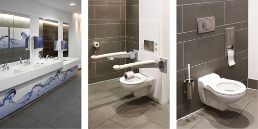 Über das Notwendige hinaus: Waschtisch und Toiletten für große und kleine Nutzer zeichnen Lösungen im Universal Design aus. Unter der Devise „rail & fresh“ entstanden die Anlagen am Hauptbahnhof Berlin.