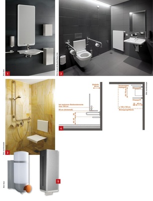 1 Ausstattungselemente rund um den unterfahrbaren Waschtisch. Hier kam die Hewi-Serie 805 zum Einsatz.2 Mustergültiger barrierefreier Sanitärraum am Beispiel der BMW-Welt in München. Hier kam die Keramik-Serie Starck 3 Vital von Duravit zum Einsatz.3 Barrierefreie SPA-Einrichtung Elbschlossresidenz Hamburg. In barrierefreien Duschbereichen sind die Bedienhöhen von Armatur und Seifenschale mit dem Bauherren abzustimmen. 4 In Duschplätzen nach DIN 18040-1 ist die beidseite Montage von Stützklappgriffen neben dem Duschsitz beschrieben. In der Praxis ist die Anordnung des Klappgriffes parallel zur Haltestange im Hinblick auf die Bedienbarkeit der Armatur zu hinterfragen.5 Intuitiv mit einer Hand bedienbare Seifenspender. Hewi-Serie Serie 800K mit Bedieneung per Handballen und bei der Hewi-Serie 805 per Druckhebel.