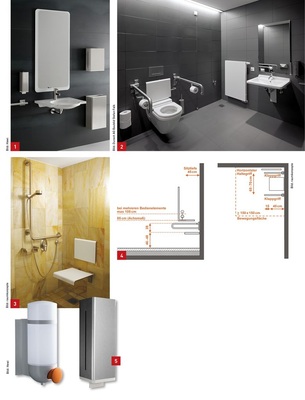 1 Ausstattungselemente rund um den unterfahrbaren Waschtisch. Hier kam die Hewi-Serie 805 zum Einsatz.<br />2 Mustergültiger barrierefreier Sanitärraum am Beispiel der BMW-Welt in München. Hier kam die Keramik-Serie Starck 3 Vital von Duravit zum Einsatz.<br />3 Barrierefreie SPA-Einrichtung Elbschlossresidenz Hamburg. In barrierefreien Duschbereichen sind die Bedienhöhen von Armatur und Seifenschale mit dem Bauherren abzustimmen. <br />4 In Duschplätzen nach DIN 18040-1 ist die beidseite Montage von Stützklappgriffen neben dem Duschsitz beschrieben. In der Praxis ist die Anordnung des Klappgriffes parallel zur Haltestange im Hinblick auf die Bedienbarkeit der Armatur zu hinterfragen.<br />5 Intuitiv mit einer Hand bedienbare Seifenspender. Hewi-Serie Serie 800K mit Bedieneung per Handballen und bei der Hewi-Serie 805 per Druckhebel.