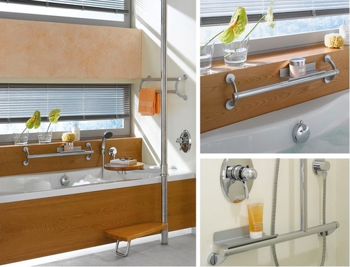 Vertikalstangen und horizontale Stütz- und Haltegriffe von Erlau sichern den Einstieg in die Badewanne. Ausstattungsaccessoires wie Haken und Seifenschale können im Sinne des Universal-Design individuell positioniert werden.