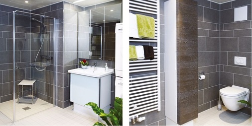 Anpassbarkeit zeichnet die Bäder der Seniorenresidenz Augustinum in Stuttgart aus. Der Unterschrank lässt sich ohne großen Umbau leicht entfernen, um rollstuhlgerechte Barrierefreiheit am Waschtisch zu gewähren.