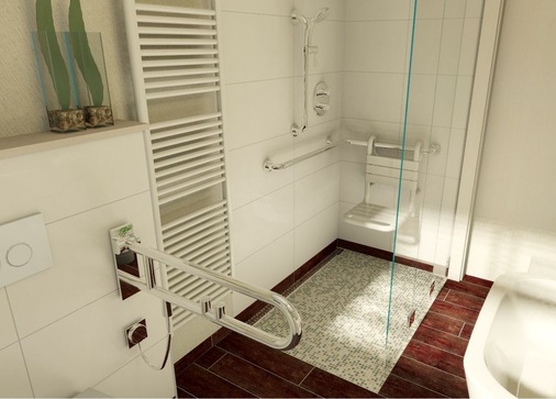 Verschiedene Perspektiven des Bades veranschaulichen die Raum­situation und stellen Barrierefrei-Brennpunkte in den Vordergrund.