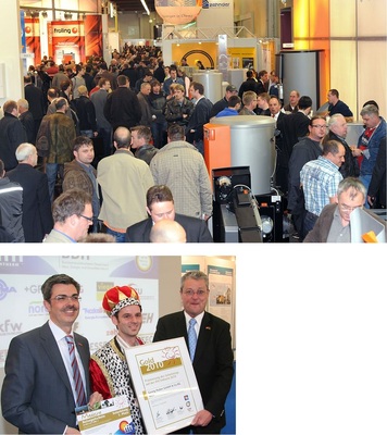 Schon bei der letzten IFH fanden Holzpellets und Feststoffkessel starke Beachtung. Diesmal gibt es gar ein Inno­vations-Zentrum Pellets. Bereits zwei Mal wurde Mat­thias Irrgang, hier mit Dieter Dohr (Vorsitzender der GHM, l.) und Manfred Stather (Vorsitzender des FV Baden-Württemberg), zum Solarkönig gekrönt. Wer wird es auf dieser IFH?