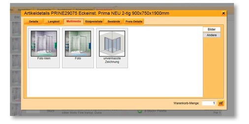 Durch einen Klick auf die Artikelnummer eines Produkts in der Ergebnisliste kann der Nutzer ­detaillierte Infor­mationen abrufen, wie Bilder und Zeichnungen, Preisdetails oder den Langtext.