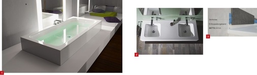 1 One Highline: Charakteristikum ist der 28 cm hohe Wannenrand.2 Das Programm One wird mit zusätzlichen Wasch­tischen und Duschwannen von Bette ausgebaut. 3 Die Bette-Zargentechnik ist jetzt werkseitig mit ­einem Dichtvlies ausgestattet und schallentkoppelt.