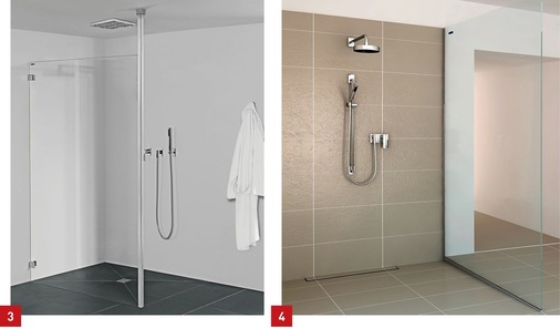 3 Table-Dance im Bad: Raumlösungen mit Deckenstütze sind nun mit der Duschwandserie Collection 3 von Duscholux möglich.4 Bodenlandung: Die große Duschwand Air wird von einer im Boden integrierten Keilschiene ­gehalten.