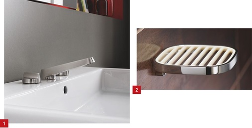 1 Selv, die neue Armaturen- und Accessoire-Serie von Dornbracht. 2 Accessoire-Serie Gentle: die Seifenablage mit Gitter in Cremeweiß – sehr schön als Kontrast zu dunklen Fliesen.