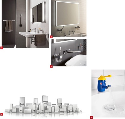 1 Vielfältig: 14 unterschiedliche wandhängende Artikel umfasst das Programm Fino von Emco Bad. 2 Bei der neuen LED-Lichtspiegel-Serie kann die Lichtstärke stufenlos über Touch-Sensor gedimmt werden.3 Update: zwei neue Wandelemente für die variabel gestaltbare Bad-­Accessoire-Serie Vara. 4 Die umfangreiche Rodan-Serie von Franke umfasst jetzt 51 Produkte für die klassische und gleichzeitig ästhetische Ausstattung von Sanitärräumen in öffentlich-gewerblichen Einrichtungen. 5 Mit den neuen Kinder-Wasch- und Spielrinnen Washino macht den Jüngsten Händewaschen richtig Spaß.