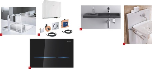 1 Mechanisch oder digital: K7-Küchenarmatur von Grohe.2 Lichteffekte, eigene Musik und Entspannung pur im eigenen Dampfbad mit Spa F-digital deluxe. 3 Ein Wink mit der Hand genügt, um bei der neuen Betätigungsplatte Sigma80 die WC-Spülung auszulösen. 4 Generator HyTronic185 und ­HyTronic186: berührungslose Waschtischarmaturen mit autarker Stromversorgung. 5 Waschtischmodul zum vollwertigen Sanitärmöbel ausbauen: das neue Monolith-Sanitärmodul für den Waschtisch von Geberit.