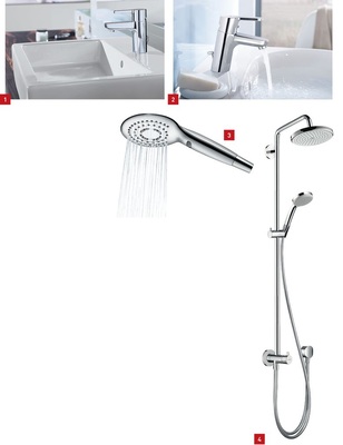 1 Bei dieser Armatur ist der Name Programm: Form von Hansa. 2 Die neue Armatur Primo soll nur 6l/min Wasser ­verbrauchen. 3 Hansa verzichtet auf die zusätzliche Beimischung ­ von Luft ins Wasser bei Duschen und setzt eine neue ­Laminartechnologie ein. 4 Croma 220 Showerpipe Reno mit einem Extra-­Anschlussschlauch von Hansgrohe.