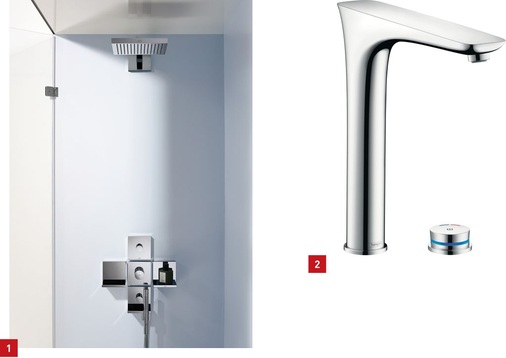 1 Axor Starck ShowerCollection: neue Kopfbrausen im Format 24 x 24 cm von Hansgrohe.<br />2 Die elektronische PuraVida für die Küche: Der umlaufende LED-Ring gibt durch Farbwechsel von blau zu rot die eingestellte Temperatur optisch wieder.