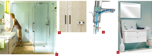 1 Mit Renevetro kann der Installateur in die Jahre gekommene Fliesenflächen hinter den Acrylplatten verschwinden lassen. 2 Dankbares Motiv im Badezimmer: Das Sandstrahldekor Bubbles ist für die Duschabtrennungsserien Design pure und Design elegance von Hüppe neu entworfen worden. 3 Armaturenlinie Connect Blue von Ideal Standard­ergänzt die Badkollektion Connect zum Komplettbad. 4 Die neuen Connect-Möbelwasch­tische lassen keine Wünsche offen.