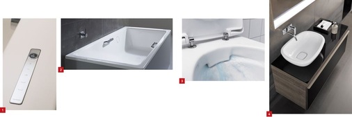 1 Badewasser auf Knopfdruck: das Bedienpanel der Comfort Select von Kaldewei.2 Der Metallgriff Nobler Purismus Ambiente ist für Badewannen mit klarer ­Formensprache entwickelt. 3 WC-Hygiene: Keramag hat jetzt die Serien Renova Nr. 1, 4U und iCon um ­spülrandlose, wandhängende Rimfree-Tiefspül-WCs erweitert. 4 Breites Sortiment von Keramikobjekten, Badmöbeln und Spiegeln: Kollektion Citterio vom gleichnamigen Designer und Architekten.