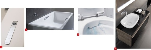 1 Badewasser auf Knopfdruck: das Bedienpanel der Comfort Select von Kaldewei.<br />2 Der Metallgriff Nobler Purismus Ambiente ist für Badewannen mit klarer ­Formensprache entwickelt. <br />3 WC-Hygiene: Keramag hat jetzt die Serien Renova Nr. 1, 4U und iCon um ­spülrandlose, wandhängende Rimfree-Tiefspül-WCs erweitert. <br />4 Breites Sortiment von Keramikobjekten, Badmöbeln und Spiegeln: Kollektion Citterio vom gleichnamigen Designer und Architekten.