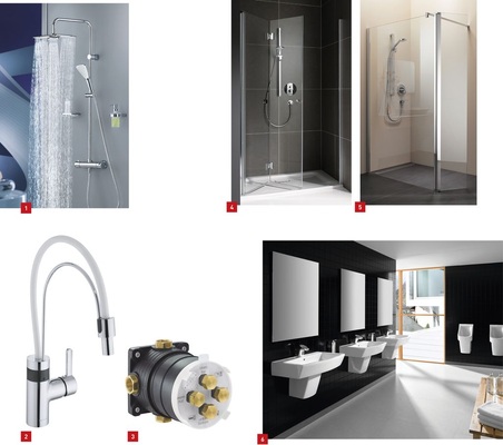 1 Zwei auffällige Kopfbrausen sorgen durch ihre Propelleroptik für frischen Wind: Fizz von Kludi. <br />2 Die Küchenarmatur E-Go kann manuell oder elektronisch bedient werden. <br />3 Die neue Unterputzbox Flexx.Boxx soll für ­maximale ­Flexibilität bei Kludi sorgen. <br />4 Duschabtrennung Myday von Koralle für raumsparende Badgestaltungen. <br />5 Offene Badgestaltung: ­Walk-in-Variante der Myday-Serie. <br />6 Mit neuem Waschtisch, WC und Bidet, zwei Urinalen sowie neuen Bade- und Duschwannen erweitert Roca die Badserie Hall zum flexiblen Problemlöser.