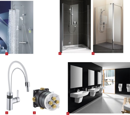 1 Zwei auffällige Kopfbrausen sorgen durch ihre Propelleroptik für frischen Wind: Fizz von Kludi. 2 Die Küchenarmatur E-Go kann manuell oder elektronisch bedient werden. 3 Die neue Unterputzbox Flexx.Boxx soll für ­maximale ­Flexibilität bei Kludi sorgen. 4 Duschabtrennung Myday von Koralle für raumsparende Badgestaltungen. 5 Offene Badgestaltung: ­Walk-in-Variante der Myday-Serie. 6 Mit neuem Waschtisch, WC und Bidet, zwei Urinalen sowie neuen Bade- und Duschwannen erweitert Roca die Badserie Hall zum flexiblen Problemlöser.