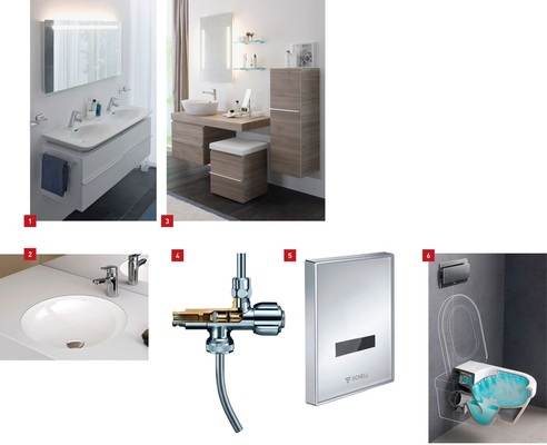 1 Programmergänzung: Palace von Laufen mit zusätzlichen Waschtischen und Wand-WC. 2 Laufen ergänzt das Badprogramm Pro um weitere Waschtische, Schalen, WCs und Bidets sowie um spezielle WC-Sitze und -Deckel. 3 Laufen hat das komplette Möbelprogramm Case überarbeitet. 4 Neue Probenahme-­Ventile zur Legionellen­untersuchung von Schell. 5 Einsparpotenzial in der Halbzeitpause mit der sensorgesteuerten Urinal-Spülarmatur Ambition E. 6 Omnia Architectura ­DirectFlush soll ganz ohne Spülrand auskommen.