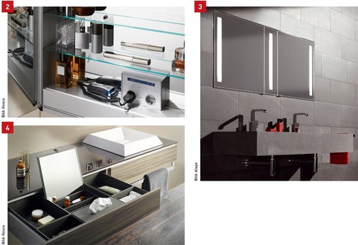 2 Spiegelschränke, wie hier der Keuco-­Elegance, mit integrierten Steckdosen verbergen auch Akku-Rasierer ­während des Ladens.3 Wirkt wie ein Spiegel, ist aber ein Stauraum bietender Einbauspiegelschrank, der Royal Integral von Keuco.4 Schubladen mit ­integrierten Alape-Ordnungssystemen und Zubehör sorgen für Übersichtlichkeit und Komfort am Waschplatz.