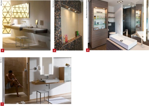 5 Intelligente Waschplatz-Möbelsysteme bieten ­variable Gestaltungen mit Schminkplätzen.6 Großzügige, beleuchtete Ablageflächen im Duschbereich sorgen für griffbereite Duschutensilien. 7 Sitzmöglichkeiten in der Dusche, wie hier der Plan b free von Keuco, erleichtern die Körperpflege und bieten Komfort.8 Das Regal über dem WC und der seitliche Schrank bieten viel Stauraum für Zeitschriften, Klopapier­rollen und Hygieneartikel aller Art.