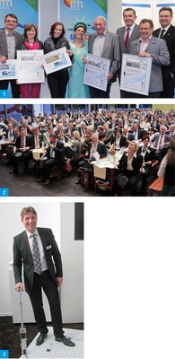 1 Prämierung der Bäder-Stars: (v.l.) Roland und Petra Christel (Silber), Bäder-Star ­Albert Bayer und Tochter Sabina (Gold), Bayerns LIM Hilpert, Theo Erhardt (Bronze) und Hauptgeschäftsführer Dr. Schwarz.2 Trommeln für die Energiewende? Am Ausstellerabend wurden aus braven Messeausstellern wilde, unermüdliche Trommler. 3 Hier tackert der Chef noch selbst. Kermi-Geschäftsführer Dr. Roger Schönborn stellte das neue von der Bodendämmung unabhängige X-Net-Clip-System vor.