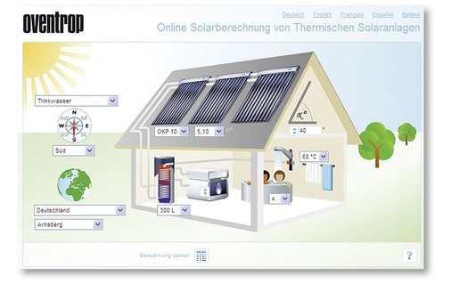 Oventrop bietet Verkaufsunterstützung auf verschiedene Arten an. Ein Beispiel ist die Online-Auslegung, zu der hier ein Screen-Shot abgebildet ist.