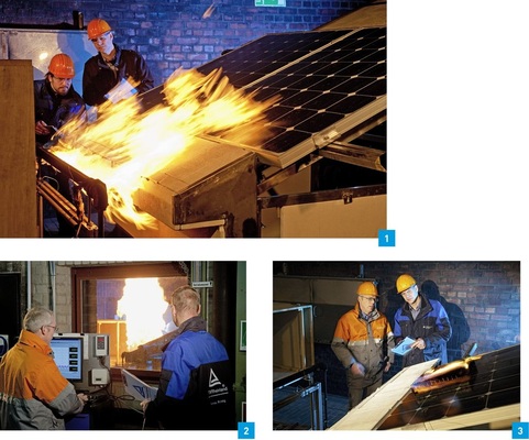 1 Brandtest beim Dienstleister Currenta in Leverkusen, der im Auftrag vom TÜV Rheinland Versuche ausführt.2 Die Tests werden von einem anspruchsvollen Messprogramm begleitet, um möglichst detaillierte Aussagen für die Praxis zu erhalten.3 Bei verschiedenartigen Brandtests werden Solaranlagen und Sicherheitseinrichtungen auf Herz und Nieren geprüft.