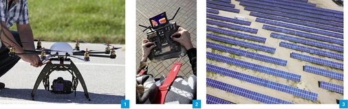 1 Hier wird die Service-­Drohne zum Start vorbereitet. Der Batteriewechsel dauert etwa zwei ­Minuten. 2 Die Steuerung der Drohnen erfolgt mit einer Fernbedienung, in die ein Monitor zur direkten Analyse der PV-Anlage integriert ist. 3 Luftaufnahmen von Solaranlagen mit Normalbild-Kameras oder Video sind bis zu einer Höhe von 300 m möglich.