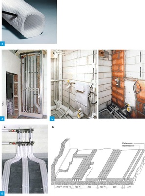 2 Dämmschlauch zur kombinierten Schall- und Wärmedämmung mit ­reißfester Ober­fläche aus einer PE-Gittergewebefolie.<br />3 Wärme- und schallgedämmte Rohrleitungen in einem Installationsschacht.<br />4 Konventionell verlegte schall- und wärmegedämmte Rohrleitungen und körperschallgedämmtes WC-Wandeinbauelement<br />a: vor der Ausmauerung,<br />b: im ausgemauerten Zustand.<br />5 Schall- und wärmegedämmte Rohrleitungen im Fußbodenaufbau<br />a: mit Missel-Kompakt-Dämmhülse gedämmte Verteilleitungen,<br />b: Verlegevorschläge.