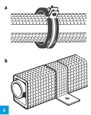 Körperschallentkoppelnde Befestigungen<br />a: Befestigungsschelle über der Schall- und Wärmedämmung,<br />b: gedämmte Rechteckschelle zur Befestigung von Kompakt-Dämmhülsen auf dem Fußboden.