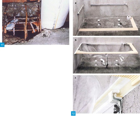 11 Die reißfesten Körperschalldämmungen MSA4 und MSA9 sind für alle robusten Baustellensituationen geeignet.12 Universal-Trägersystem für Bade-, Dusch- und Whirlwannena: Komponenten: Akustikschienen mit Akustik-Fixierwinkel, Akustik-Stützfüße, raumseitiges und wandseitiges Schallschutzband,b: Rohmontagezustand,c: Detailansicht Akustik-Fixierwinkel.