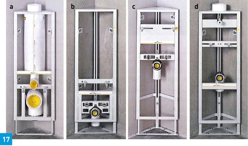 Körperschallentkoppelte Sanitär-Kompakt-Elemente<br />a: Kompakt-Spülrohr MSR, b: Kompakt-Bidet MBD, c: Kompakt-Waschtisch MWT, d: Kompakt-Urinal MUR.