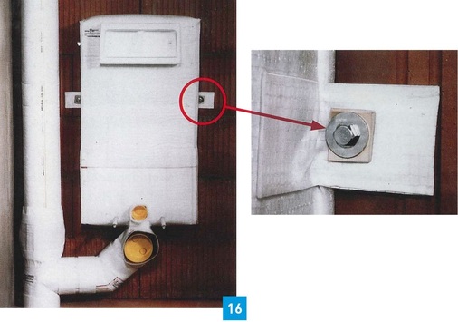 Wandeinbau-Spülkasten, gedämmt mit der Körperschalldämmung MSWC. Neben der Körperschallentkoppelung des Spülkastens muss auch die Befestigung unter Verwendung von Schallschutzprofilen entkoppelt werden.