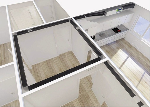 Für die Sanierung von Etagenwohnungen bietet Pluggit das ­System Refresh an. Die Kanäle beinhalten die Zu- und Abluft­leitung und lassen sich nach der Montage mit Blenden verdecken.