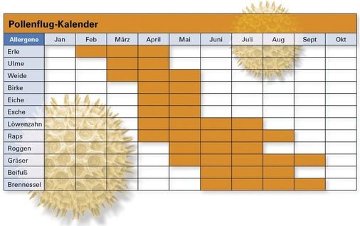 Pollenkalender für Deutschland für Februar bis September.