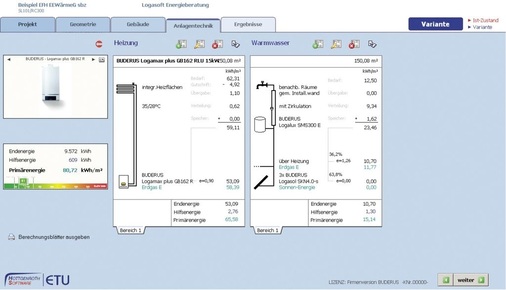 Mit dem Buderus-Logasoft-Energieberater lassen sich die relevanten Ergebnisse zur Bewertung einer Anlage individuell berechnen.