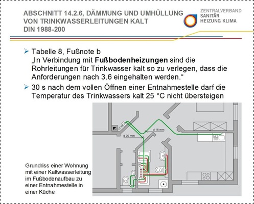 In Zukunft darf eine gedämmte Trinkwasserleitung auch unter bestimmten Auflagen durch den Bereich einer Fußbodenheizung verlegt werden.