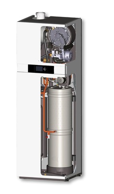 Das Zeolith-Kompaktgerät Vitosorp 200F mit einer Heizleistung von 10 kW kombiniert Brennwerttechnik mit einer Adsorptionswärmepumpe.